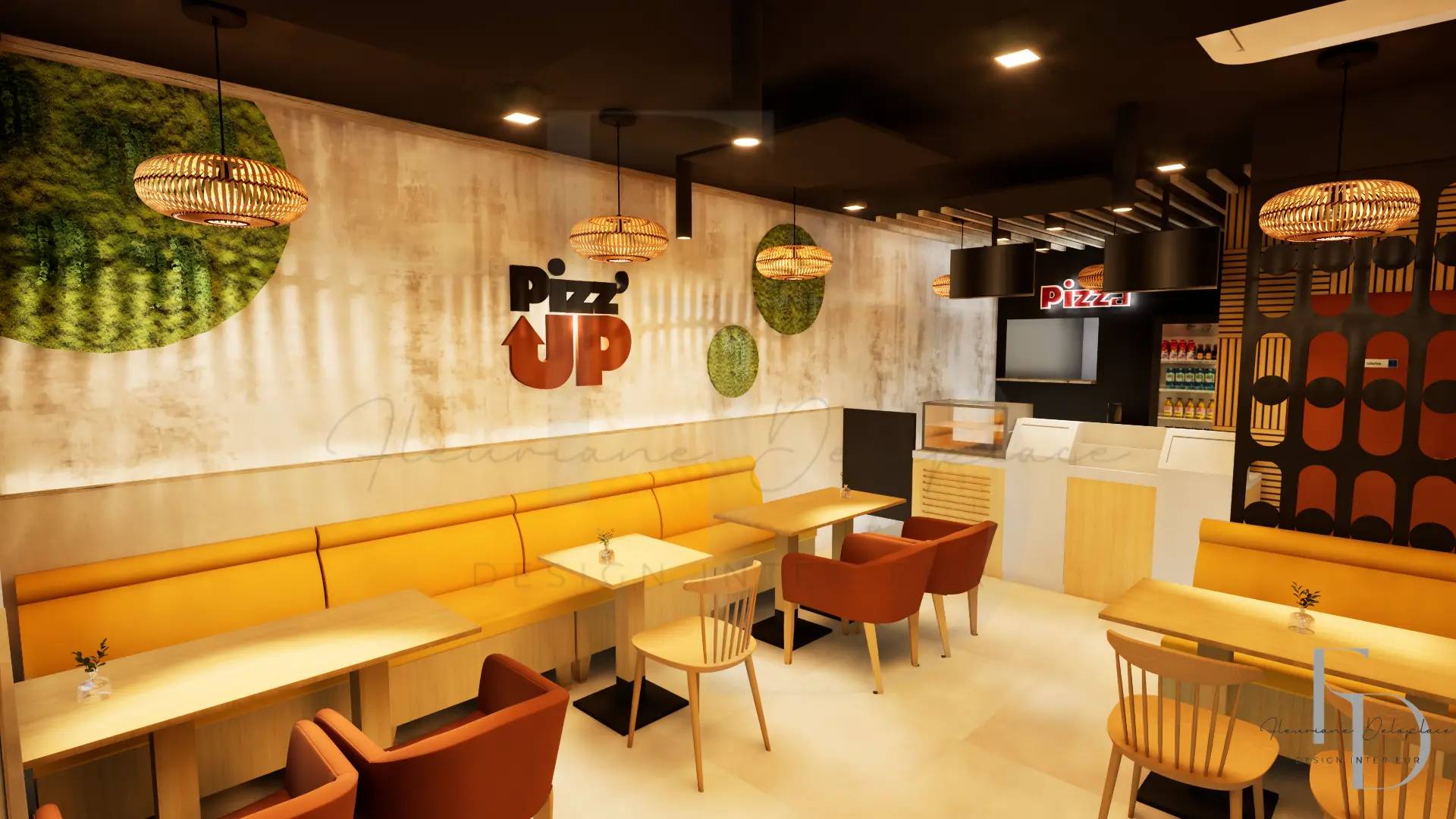aménagement restaurant pizzeria salle et comptoir
